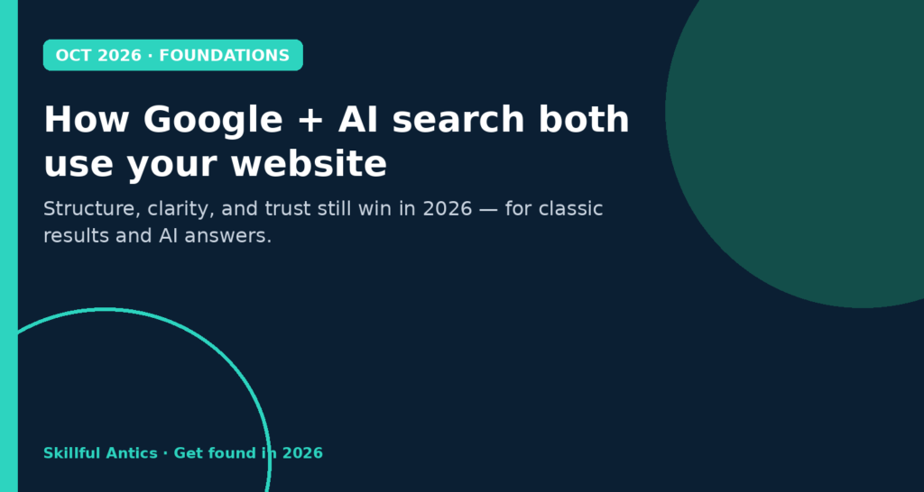 Teal and navy graphic: How Google + AI search both use your website — structure, clarity, trust